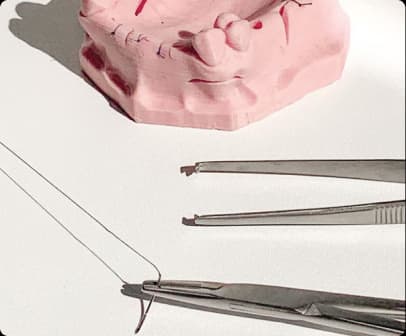Oral surgery instruments on a clinical tray